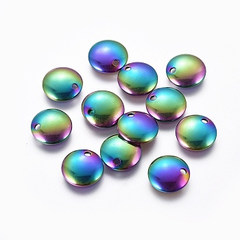 Ion Plating(IP) 304 Stainless Steel Charms, Flat Round, Stamping Blank Tag, Rainbow Color, 10x2mm, Hole: 1.4mm