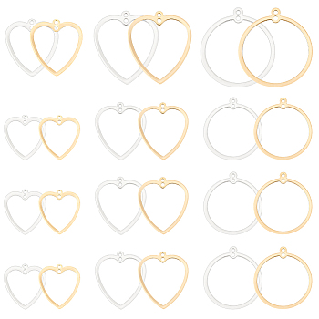 24Pcs 6 Style Brass Pendants, Long-Lasting Plated, Flat Round & Heart, Golden & Silver, 21~28x19~25x1mm, Hole: 1.4mm, 4pcs/style