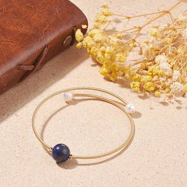 Natural Pearl & Lapis Lazuli Round Beaded Wrap Cuff Bangle(BJEW-JB07923-02)-2