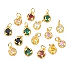 Brass Micro Pave Cubic Zirconia Pendants, Flat Round Charms, Real 18K Gold Plated, Mixed Color, 10x8x5mm, jump ring: 5x1mm, 3mm inner diameter(KK-L264-12G)