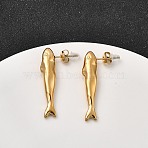 304 Stainless Steel Fish Stud Earrings, Ion Plating(IP), Real 18K Gold Plated, 36x6mm(EJEW-K268-49G)