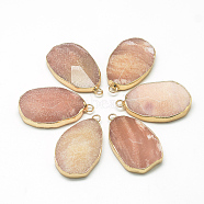 Natural Gemstone Pendants, with Iron Findings, Faceted, teardrop, Golden, Dark Salmon, 40~44x24~25x7~12mm, Hole: 2mm(G-Q494-36A)