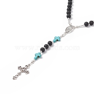 Natural Lava Rock & Synthetic Green Turquoise Rosary Bead Necklace, Alloy Virgin Mary & Cross Pendant Necklace for Women, 24.41 inch(62cm)(NJEW-TA00041-02)