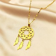 Woven Net/Web with Feather 304 Stainless Steel Pendant Necklaces for Women, Golden, 16.18 inch(41.1cm)(NJEW-G087-06G)