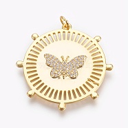 Brass Micro Pave Cubic Zirconia Pendants, Long-Lasting Plated, Flat Round with Butterfly, Lead Free & Nickel Free & Cadmium Free, Clear, Real 18K Gold Plated, 33x32x2mm, Hole: 3mm(ZIRC-O026-23G-NR)
