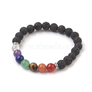 Natural Lava Rock Beads Stretch Bracelets, with Mixed Stone and Alloy Bead Spacer, Round, Burlap Packing, Antique Silver, 2 inch(5.2cm), Bag: 12x8.5x3cm(BJEW-JB03846-01)