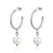 304 Stainless Steel Ring Half Hoop Earrings, Natural Pearl Dangle Stud Earrings, Stainless Steel Color, 35x20mm(ZQ3356-1)