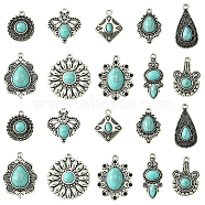 20Pcs 10 Styles Tibetan Style Alloy Pendants, with Resin Imitation Turquoise, Flower/Teardrop/Rhombus Charm, Antique Silver, 22~35x13~25x4~6mm, Hole: 1.8~2mm, 2pcs/style(TIBEP-CJ0003-31)