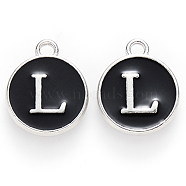 Platinum Plated Alloy Charms, Cadmium Free & Lead Free, with Enamel, Enamelled Sequins, Flat Round with Letter, Letter.L, 14x12x2mm, Hole: 1.5mm(ENAM-S118-02L-P)
