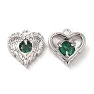 Brass & Glass & Cubic Zirconia Charms, Heart Wing Charm, Real Platinum Plated, Dark Green, 11x10.5x4mm, Hole: 1.2mm(KK-G468-54P-03)