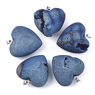 Electroplate Natural Druzy Geode Agate Pendants, with Brass Findings, Heart, Platinum, Steel Blue, 30.5x30x14~15mm, Hole: 4.5x4mm(G-S344-58B-03)