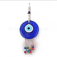 Flat Round with Evil Eye Glass Tassel Pendant Decorations, Braided Hemp Rope Hanging Ornaments, with Random Color Wooden Beads, Royal Blue, 180x60mm(EVIL-PW0002-15)