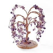 Natural Amethyst Tree Display Decoration, Agate Slice Base Feng Shui Ornament for Wealth, Luck, Rose Gold Brass Wires Wrapped, 64~95x75~125x140~170mm(DJEW-G027-20RG-01)