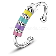 201 Stainless Steel Enamel Column Rotating Beaded Open Cuff Rings, for Calming Worry Meditation, Purple, Inner Diameter: 17mm(PW-WG15390-03)