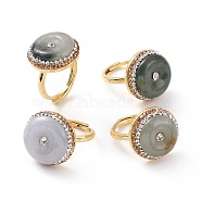 Adjustable Natural Myanmar Jade/Burmese Jade Donut Ring with Rhinestone, Golden Brass Wide Ring for Women, Inner Diameter: 17.5~21.5mm(RJEW-A011-13G)