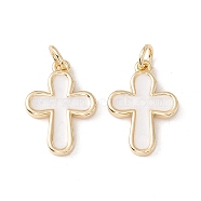 Enamel Pendants, with Real 18K Gold Plated Brass Findings and Jump Ring, Lead Free & Cadmium Free, Cross, White, 18x13x2mm, Jump Ring: 5x0.8mm, 3.4mm Inner Diameter.(X-KK-E005-26G)