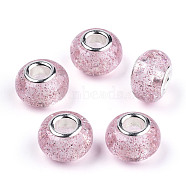 Epoxy Resin European Beads, Large Hole Beads, with Glitter Powder and Platinum Tone Brass Double Cores, Rondelle, Pearl Pink, 14x9mm, Hole: 5mm(RPDL-N015-02G)