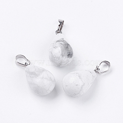 Natural Howlite Pendants, with Platinum Tone Brass Findings, Drop, 24~24.5x14mm, Hole: 5x7mm(G-K187-04N)