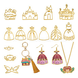 Pandahall 26Pcs 13 Styles Castle & Star Wing & Dress & Heart Alloy Open Back Bezel Pendants, for DIY UV Resin, Epoxy Resin, Pressed Flower Jewelry, Golden, 18.5~53x24~51x2~4mm, Hole: 2~3mm, 2Pcs/style(FIND-TA0002-93)