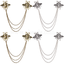 Gorgecraft 4Pcs 2 Colors Double Bee Hanging Chain Brooches, Alloy Tassel Lapel Pins for Suit Shirt Collar, Antique Silver & Antique Golden, 170mm, 2Pcs/color(JEWB-GF0001-31)