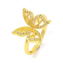 Butterfly Brass Micro Pave Clear Cubic Zirconia Open Cuff Ring for Women, Real 18K Gold Plated, Inner Diameter: 17mm(RJEW-U003-13G)