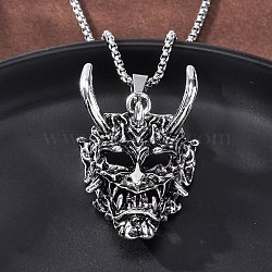 Tibetan Style Zinc Alloy Viking Pendant Necklaces, 304 Stainless Steel Chain for Men, Antique Silver & Stainless Steel Color, Demon, 22.05 inch(56cm)(NJEW-Z062-01AS-03)