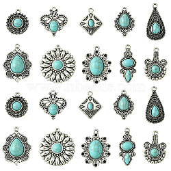 20Pcs 10 Styles Tibetan Style Alloy Pendants, with Resin Imitation Turquoise, Flower/Teardrop/Rhombus Charm, Antique Silver, 22~35x13~25x4~6mm, Hole: 1.8~2mm, 2pcs/style(TIBEP-CJ0003-31)