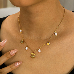 304 Stainless Steel & Imitation Pearl Cherry Heart Flower Pendant Bib Necklaces for Women, White, Golden, 16.14 inch(41cm)(FS-WG0B26B-01)