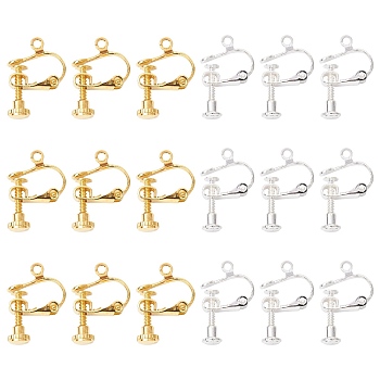 20Pcs 2 Colors Racking Plated Brass Clip-on Earring Findings, Screw Back Ear Components with Loop for Non Piercing Earring Converter, Golden & Silver, 13x16x5mm, Hole: 1.5mm, 10Pcs/color