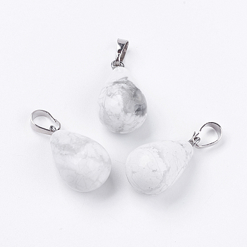 Natural Howlite Pendants, with Platinum Tone Brass Findings, Drop, 24~24.5x14mm, Hole: 5x7mm