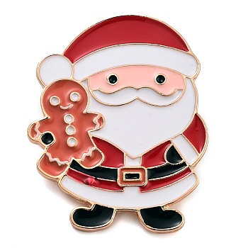 Christmas Theme Alloy Enamel Brooches, for Backpack Clothes, Santa Claus with Gingerbread Man, FireBrick, 42x33mm