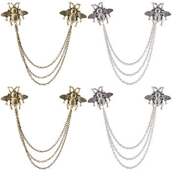 Gorgecraft 4Pcs 2 Colors Double Bee Hanging Chain Brooches, Alloy Tassel Lapel Pins for Suit Shirt Collar, Antique Silver & Antique Golden, 170mm, 2Pcs/color