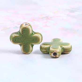 Colorful Porcelain Beads, for DIY Accessories Material, Cross, Yellow Green, 22x23x7.5mm, Hole: 2.6mm