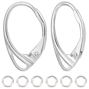 6Pcs 925 Sterling Silver Leverback Earring Findings, with Horizontal Loops, with 6Pcs Rack Plating Brass Jump Rings, Silver, 17x11x1.5mm, Hole: 4x1.5mm, Pin: 0.6mm