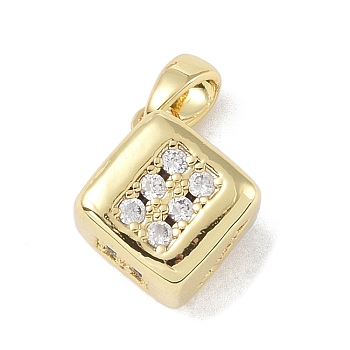 Brass Micro Pave Clear Cubic Zirconia Pendants, Dice, Real 18K Gold Plated, 17x13x13mm, Hole: 4.5x3.5mm