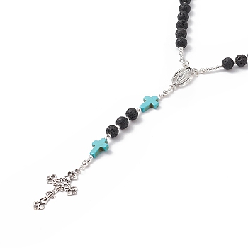 Natural Lava Rock & Synthetic Green Turquoise Rosary Bead Necklace, Alloy Virgin Mary & Cross Pendant Necklace for Women, 24.41 inch(62cm)