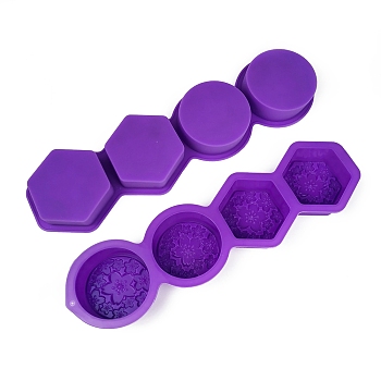 DIY Soap Silicone Molds, for Handmade Soap Making, Flat Round & Hexagon with Sakura Pattern, Blue Violet, 325x90x30mm, Inner Diameter: 65~68x68~73x29mm
