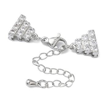 Brass Micro Pave Clear Cubic Zirconia Chain Extender, Triangle, with Clasp & Clip Ends , Cadmium Free & Lead Free, Long-Lasting Plated, Rack Plating, Platinum, 33mm