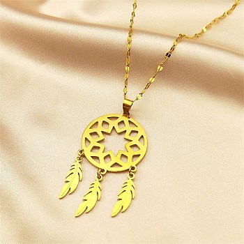 Woven Net/Web with Feather 304 Stainless Steel Pendant Necklaces for Women, Golden, 16.18 inch(41.1cm)