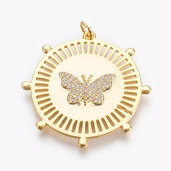 Brass Micro Pave Cubic Zirconia Pendants, Long-Lasting Plated, Flat Round with Butterfly, Lead Free & Nickel Free & Cadmium Free, Clear, Real 18K Gold Plated, 33x32x2mm, Hole: 3mm