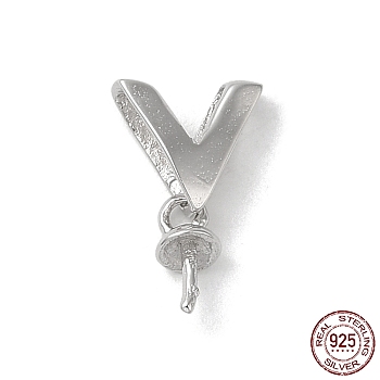 Rhodium Plated 925 Sterling Silver Peg Bails, For Half Drilled Beads, with S925 Stamp, Letter V, Real Platinum Plated, 12x6.5mm, Hole: 6x2mm, Pin: 0.8mm