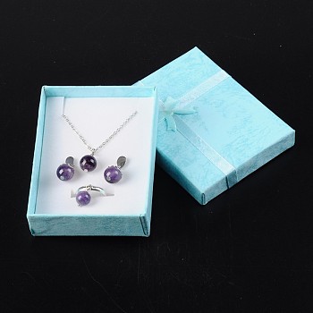 Cardboard Jewelry Set Boxes, with Bowknot Outside and Sponge Inside, for Necklaces and Pendants, Rectangle, Sky Blue, 90x70x30mm
