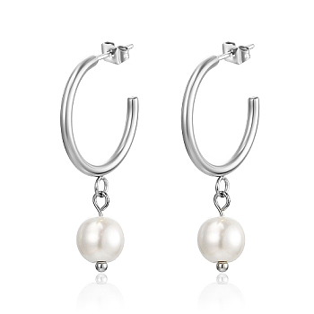 304 Stainless Steel Ring Half Hoop Earrings, Natural Pearl Dangle Stud Earrings, Stainless Steel Color, 35x20mm