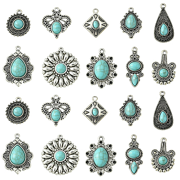 20Pcs 10 Styles Tibetan Style Alloy Pendants, with Resin Imitation Turquoise, Flower/Teardrop/Rhombus Charm, Antique Silver, 22~35x13~25x4~6mm, Hole: 1.8~2mm, 2pcs/style