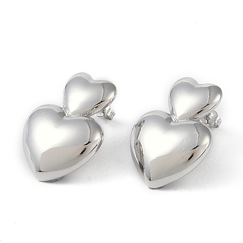 Brass Stud Earrings for Women, Heart, Platinum, 27x20mm