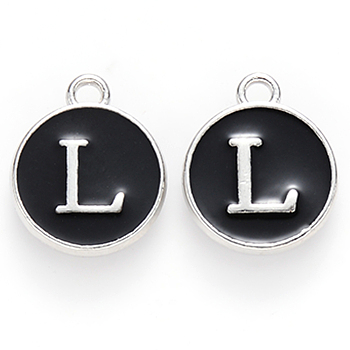Platinum Plated Alloy Charms, Cadmium Free & Lead Free, with Enamel, Enamelled Sequins, Flat Round with Letter, Letter.L, 14x12x2mm, Hole: 1.5mm