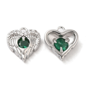 Brass & Glass & Cubic Zirconia Charms, Heart Wing Charm, Real Platinum Plated, Dark Green, 11x10.5x4mm, Hole: 1.2mm