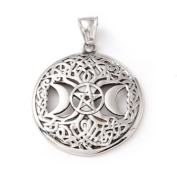 Tibetan Style 304 Stainless Steel Pendants, Flat Round, Antique Silver, 39.5x35.5x3.5mm, Hole: 8x4mm