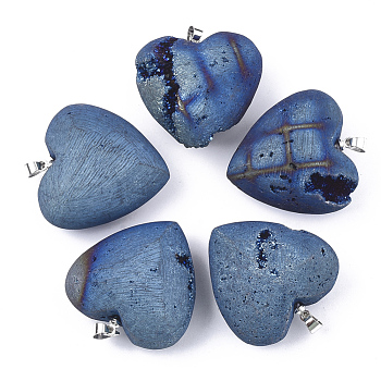 Electroplate Natural Druzy Geode Agate Pendants, with Brass Findings, Heart, Platinum, Steel Blue, 30.5x30x14~15mm, Hole: 4.5x4mm