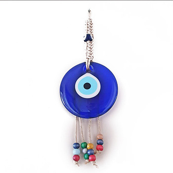 Flat Round with Evil Eye Glass Tassel Pendant Decorations, Braided Hemp Rope Hanging Ornaments, with Random Color Wooden Beads, Royal Blue, 180x60mm